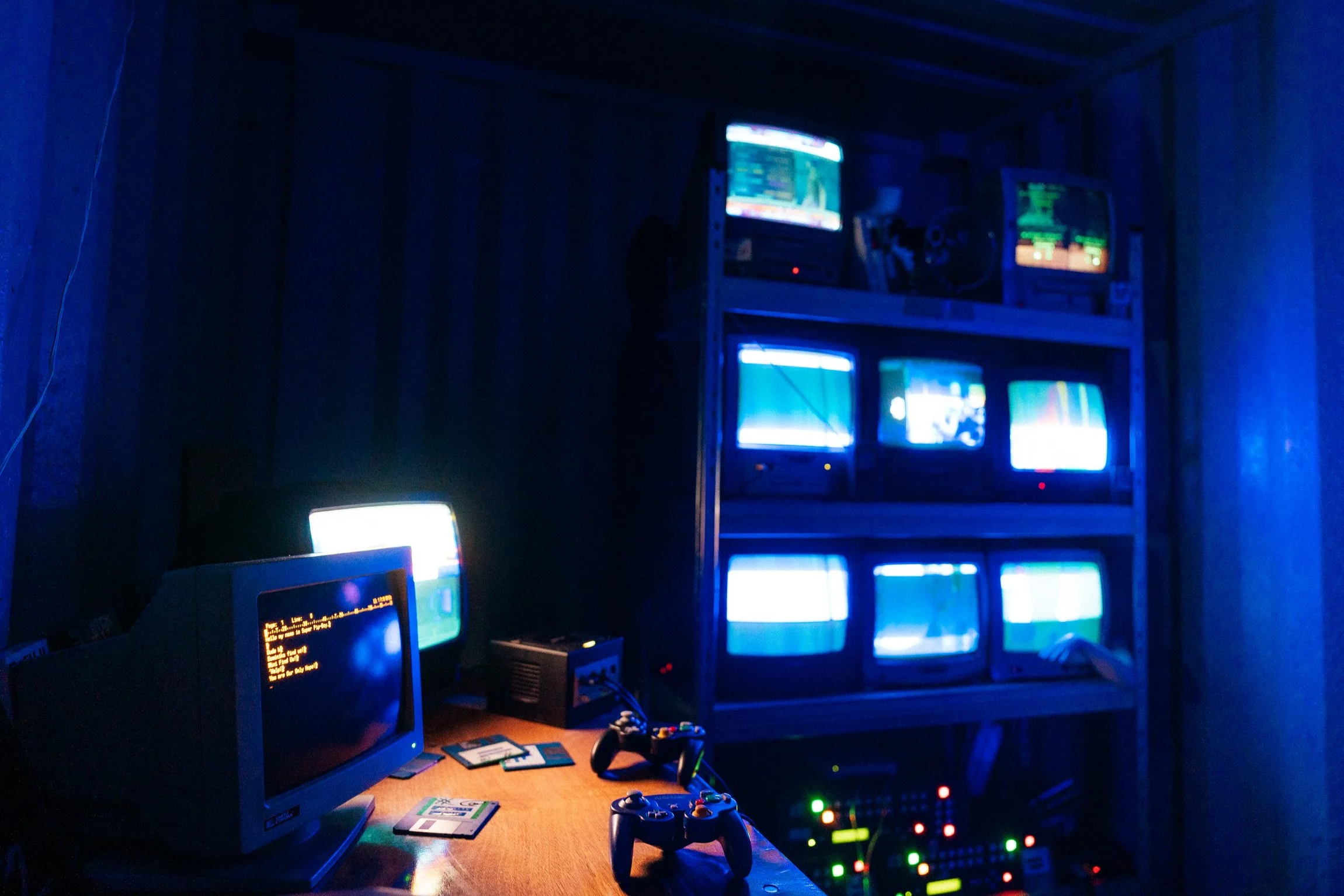 A photograph of a retro tech setup for a festival. 