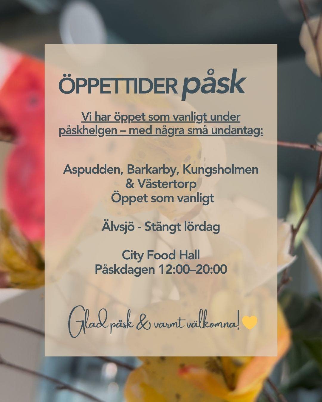 &Ouml;PPETTIDER P&Aring;SK
Vi har &ouml;ppet som vanligt under
p&aring;skhelgen - med n&aring;gra sm&aring; undantag:

Aspudden, Barkarby, Kungsholmen &amp; V&auml;stertorp - &Ouml;ppet som vanligt

&Auml;lvsj&ouml; - St&auml;ngt l&ouml;rdag

City Fo