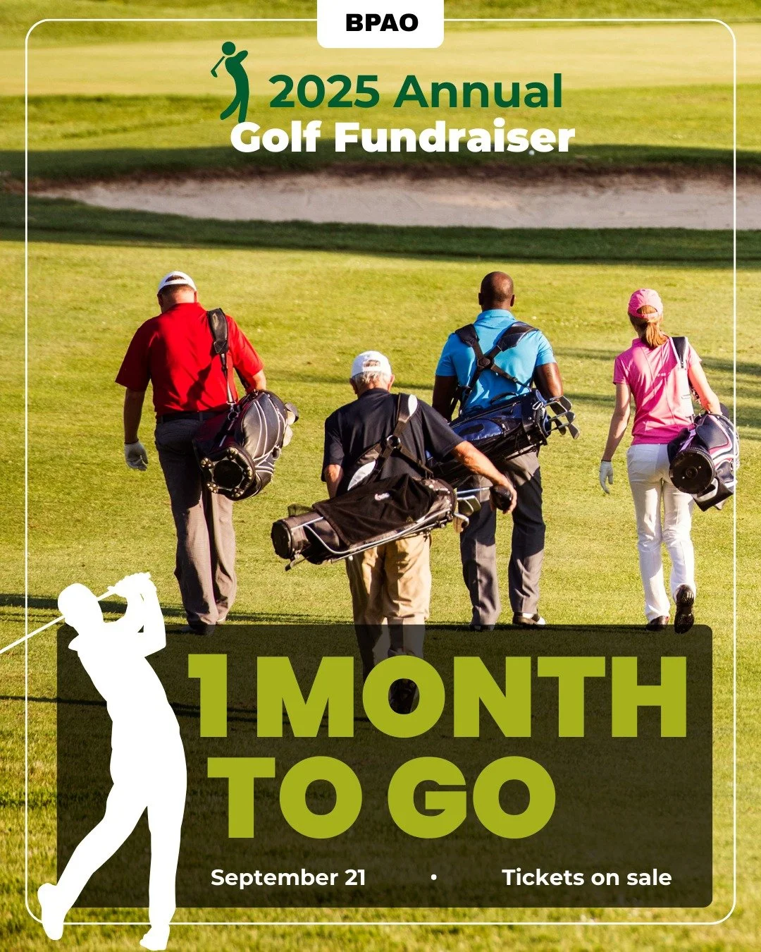 ⏳ ONE MONTH TO GO!
The countdown is ON for the BPAO #AnnualGolfFundraiserTournament happening September 21st!

We&rsquo;re down to the last tickets for both golfing and the cocktail reception &mdash; don&rsquo;t wait, they won&rsquo;t last!

Early Bi