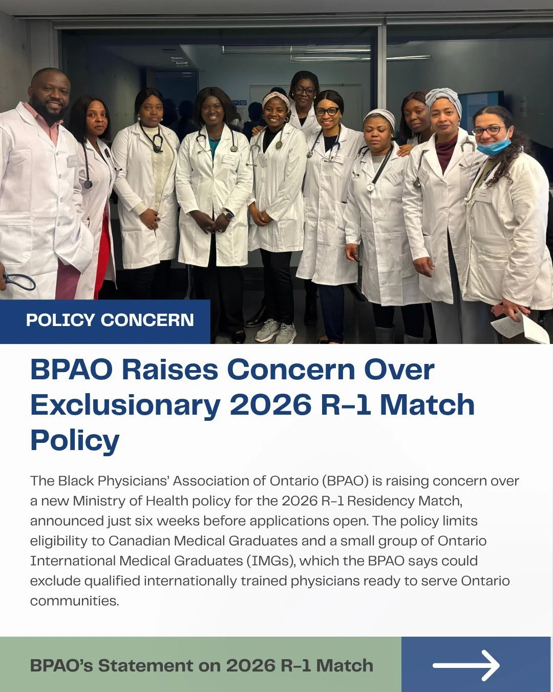 #IMPORTANT:
BPAO stands with IMGs impacted by Ontario&rsquo;s 2026 R-1 Match policy, calling for a fair, inclusive, and transparent process that reflects the province&rsquo;s diversity and commitment to equity.

We remain steadfast in our support for