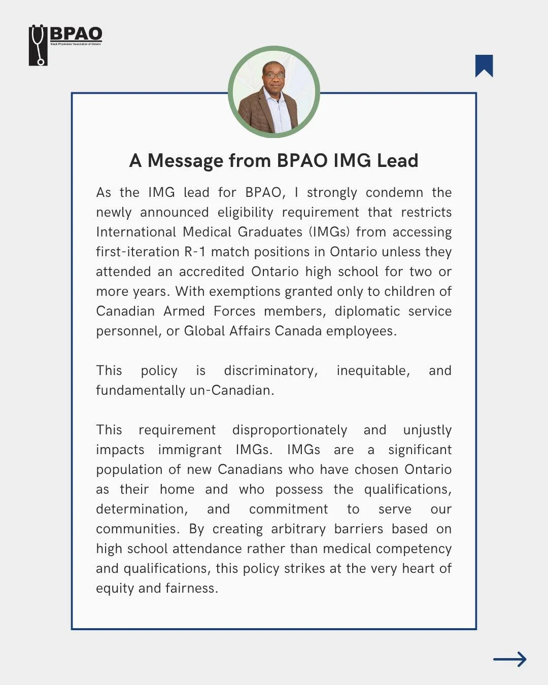 Excluding qualified International Medical Graduates doesn’t solve Ontario’s healthcare crisis — it deepens it.
As Dr. Chiebere Ogbuneke, BPAO IMG Lead, reminds us: Canada’s strength has always been its diversity. To turn away