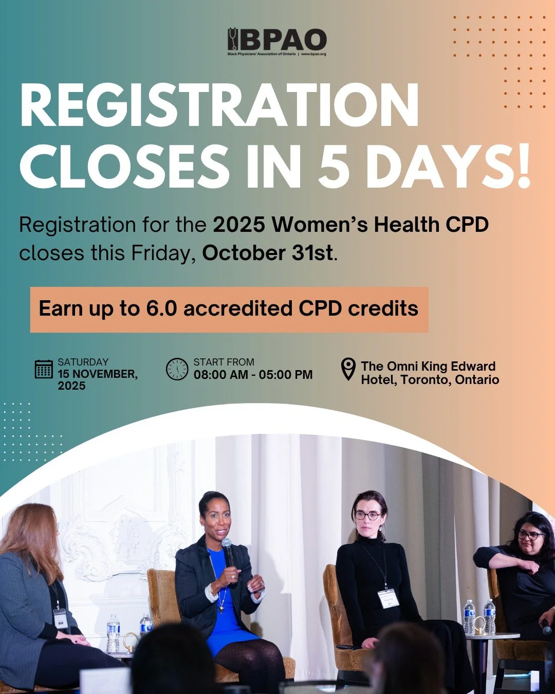 The countdown is on ⏰
Registration for the 2nd Annual Women’s Health CPD closes this Friday, October 31st!
Earn 6.0 accredited CPD credits and join leading experts committed to advancing women’s health through equity and evidence-based ca