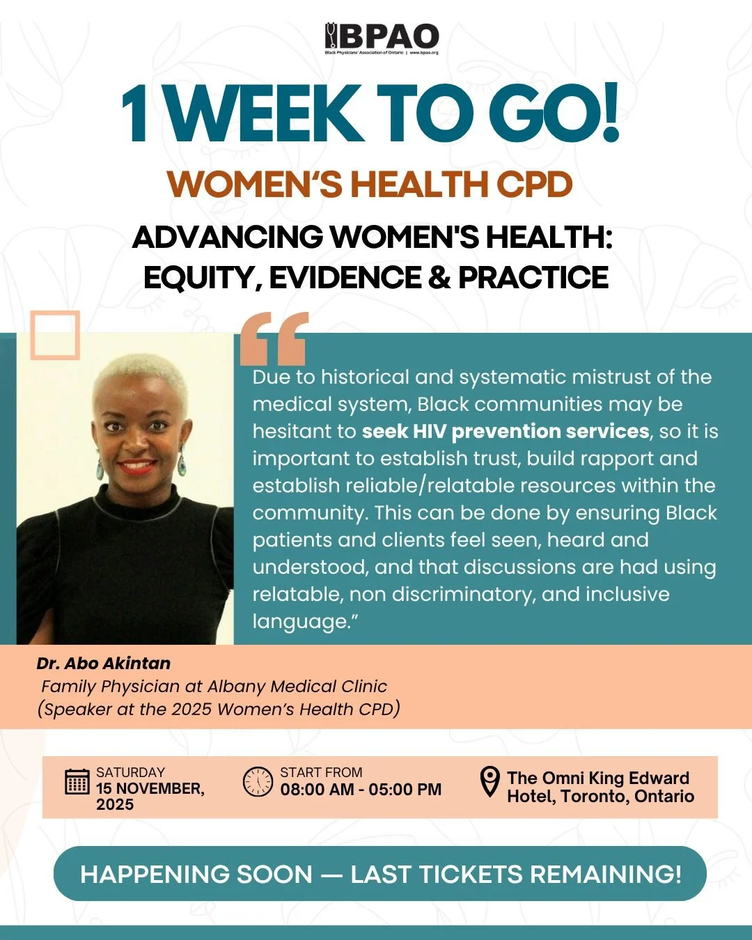 1 week to go! ⏳
Dr. Abo Akintan reminds us that trust, representation, and inclusive communication are essential to delivering effective HIV prevention and care.
Join us at the #WomensHealthCPD as we explore how healthcare providers can build stronge