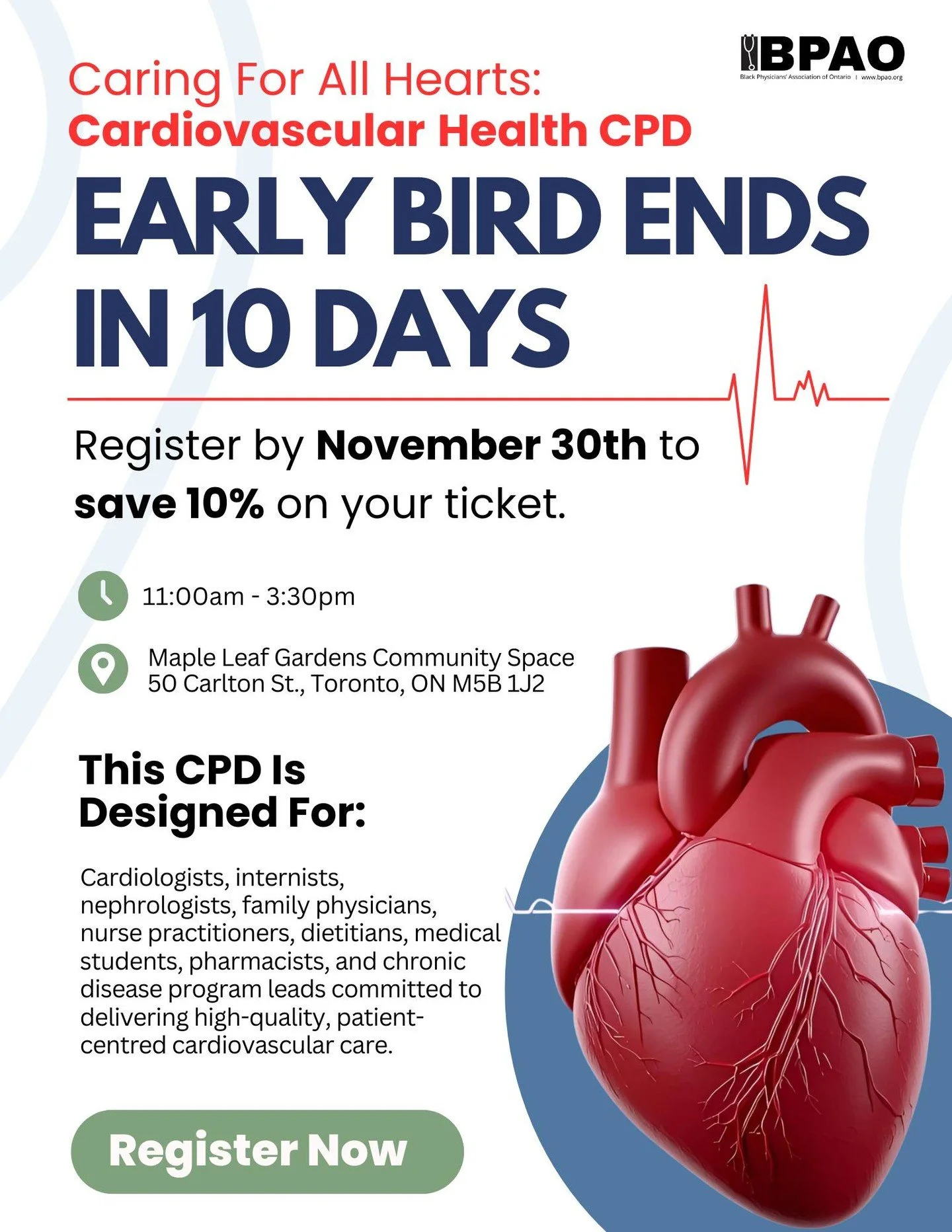 ⏰REMINDER: Only 10 days left to save 10% on Early Bird registration!

Start 2026 with evidence-based learning, practical tools, and a premium experience at our Cardiovascular Health CPD on January 17, 2026, at the Maple Leaf Gardens Community Space i