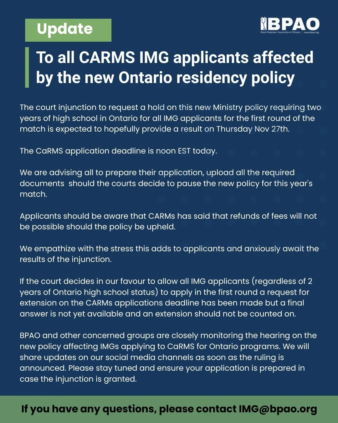 🚨 Attention IMG applicants to Ontario residency programs: The court ruling on the new two-year Ontario high school requirement for the first round of CaRMS is expected today, Nov 27. ⏳

Prepare your application and upload all documents now, if the i