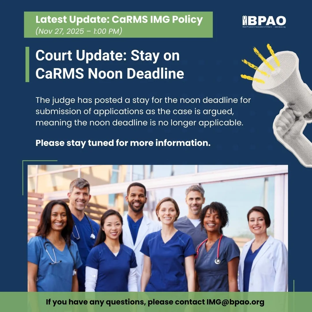 🚨 Latest Update: CaRMS IMG Policy

The judge has posted a stay on the noon deadline for submission of applications as the case is argued, meaning the deadline is no longer applicable.
📢 Please share this update to help spread the word.

For questio