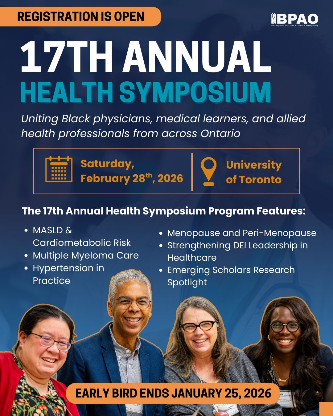 We&rsquo;re back for our 17th year! 🎉
The BPAO Health Symposium returns on February 28, 2026, bringing together our community of Black physicians, learners, researchers, and allies for a full day dedicated to advancing equitable care.

This year&rsq
