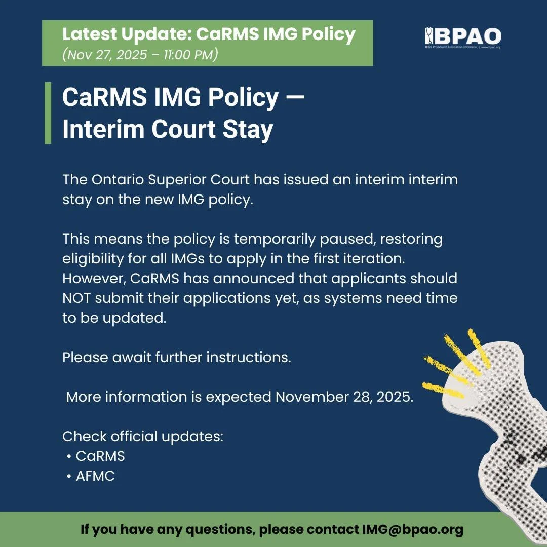 🚨Latest Update: CaRMS IMG Policy (Nov 27 - 11:00 PM)
The Ontario Superior Court has issued an interim interim stay on the new Ontario residency requirement for IMGs. This temporarily restores eligibility for all IMGs to apply in the first iteration 