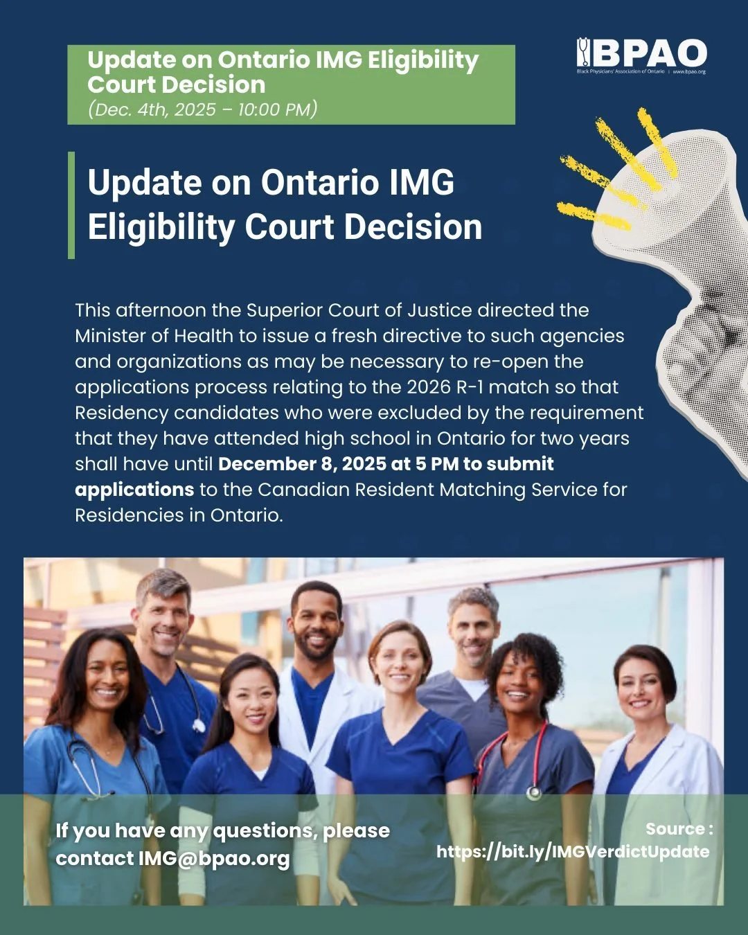 📢 Update for Ontario IMG applicants (December 4th, 2025 - 10:00pm)
The Superior Court of Justice has issued a new directive regarding the 2026 R-1 match eligibility.
Please read the full update in the image.

If you have any questions, please contac