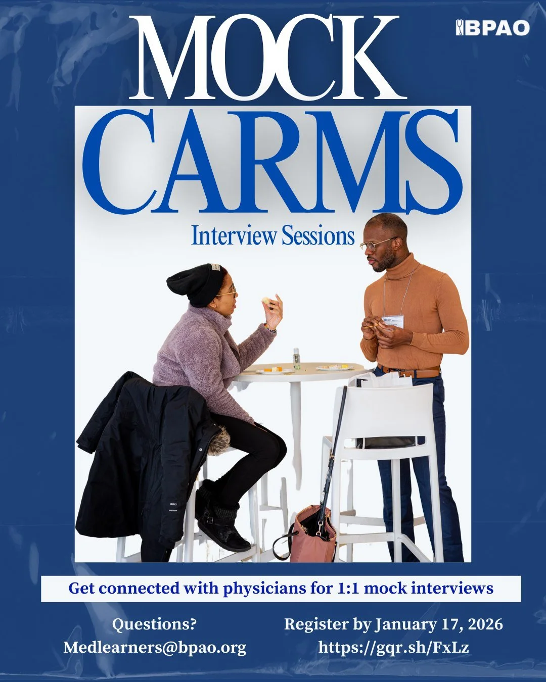 CaRMS Interview offer secured? Practice with someone who&rsquo;s been there.
BPAO is offering Mock CaRMS Interviews, pairing participants with a physician from their offered specialty for realistic practice and personalized feedback.

Register by Jan