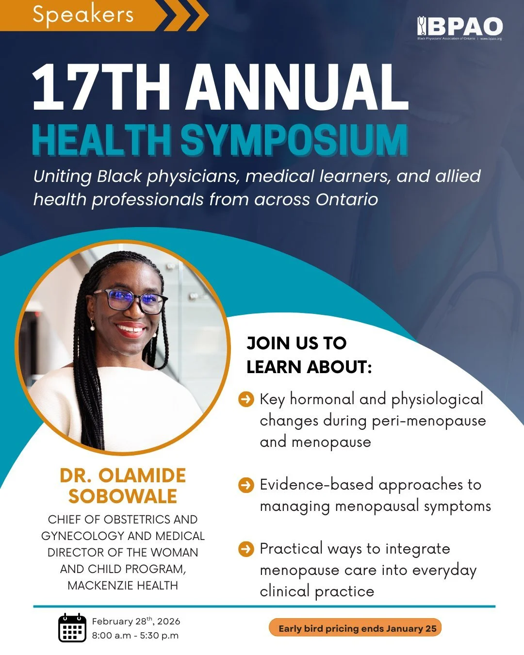 #SpeakerAnnouncement 📣

We&rsquo;re pleased to welcome Dr. Olamide Sobowale, Chief of Obstetrics and Gynecology and Medical Director of the Woman and Child Program at Mackenzie Health, as a speaker at the 17th Annual #BPAOHealthSymposium.

A physici