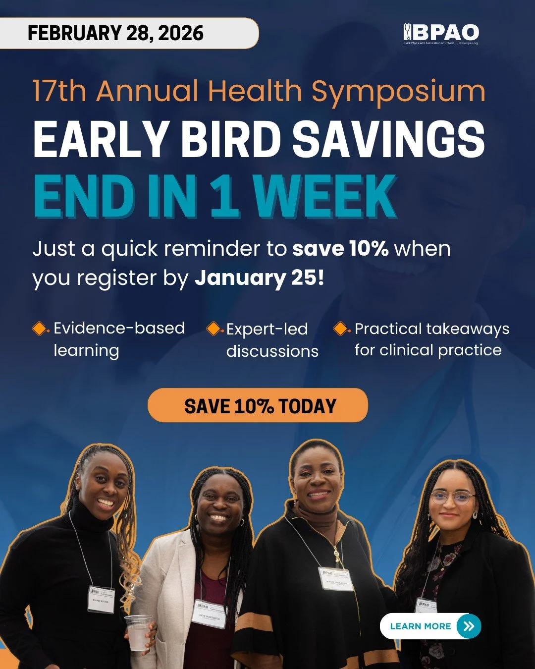 REMINDER!
Early bird rates for the 17th BPAO Health Symposium end in 1 week.

Secure your spot for a day of expert-led sessions and practical, guideline-driven learning.

Early bird pricing ends January 25: LINK IN BIO 
📆February 28, 2026.