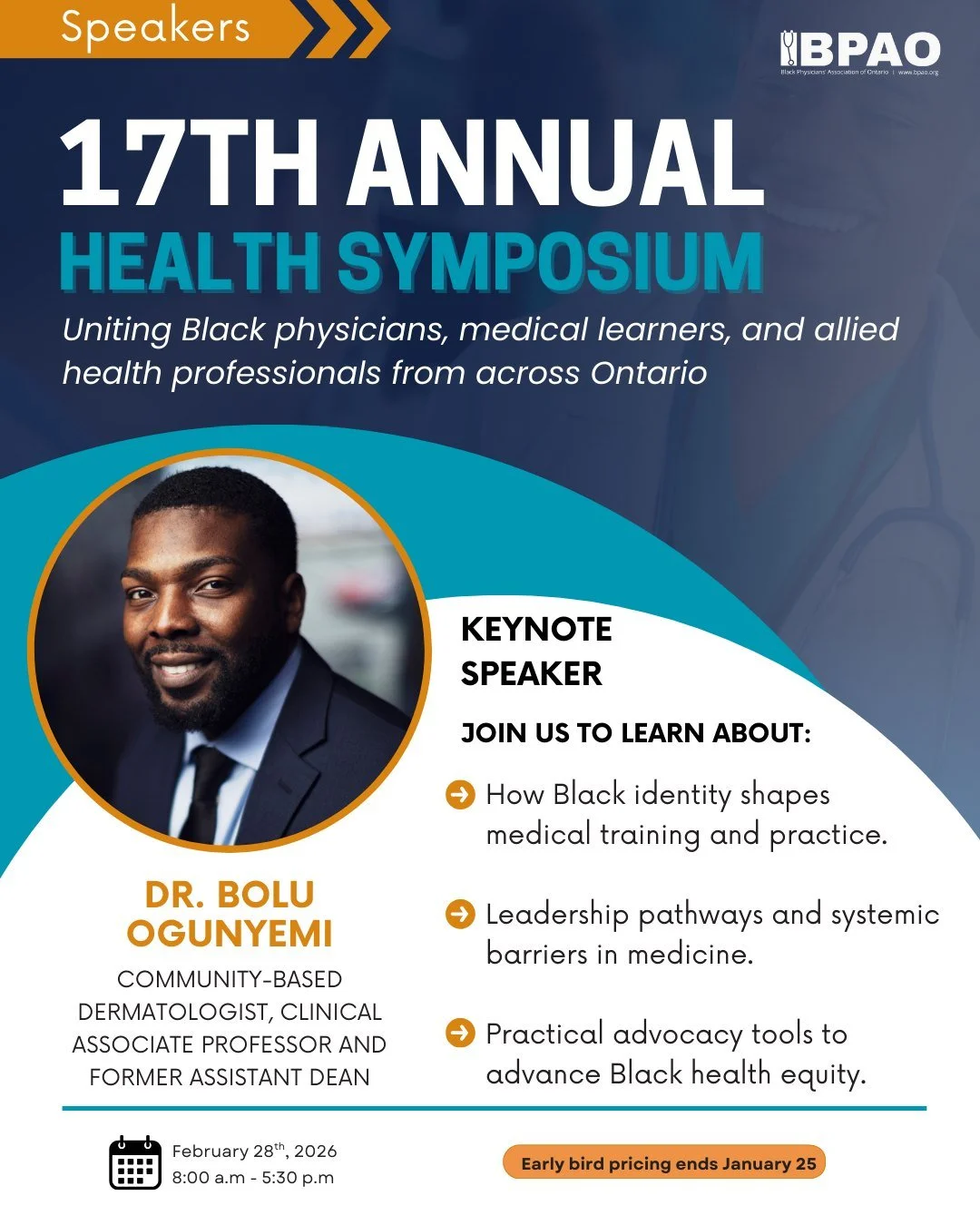 #SpeakerAnnouncement 📣 17th Annual Health Symposium

Dr. Bolu Ogunyemi, community dermatologist, Clinical Associate Professor, former Assistant Dean of Social Accountability, and President-Elect of the Canadian Medical Association, will deliver the 
