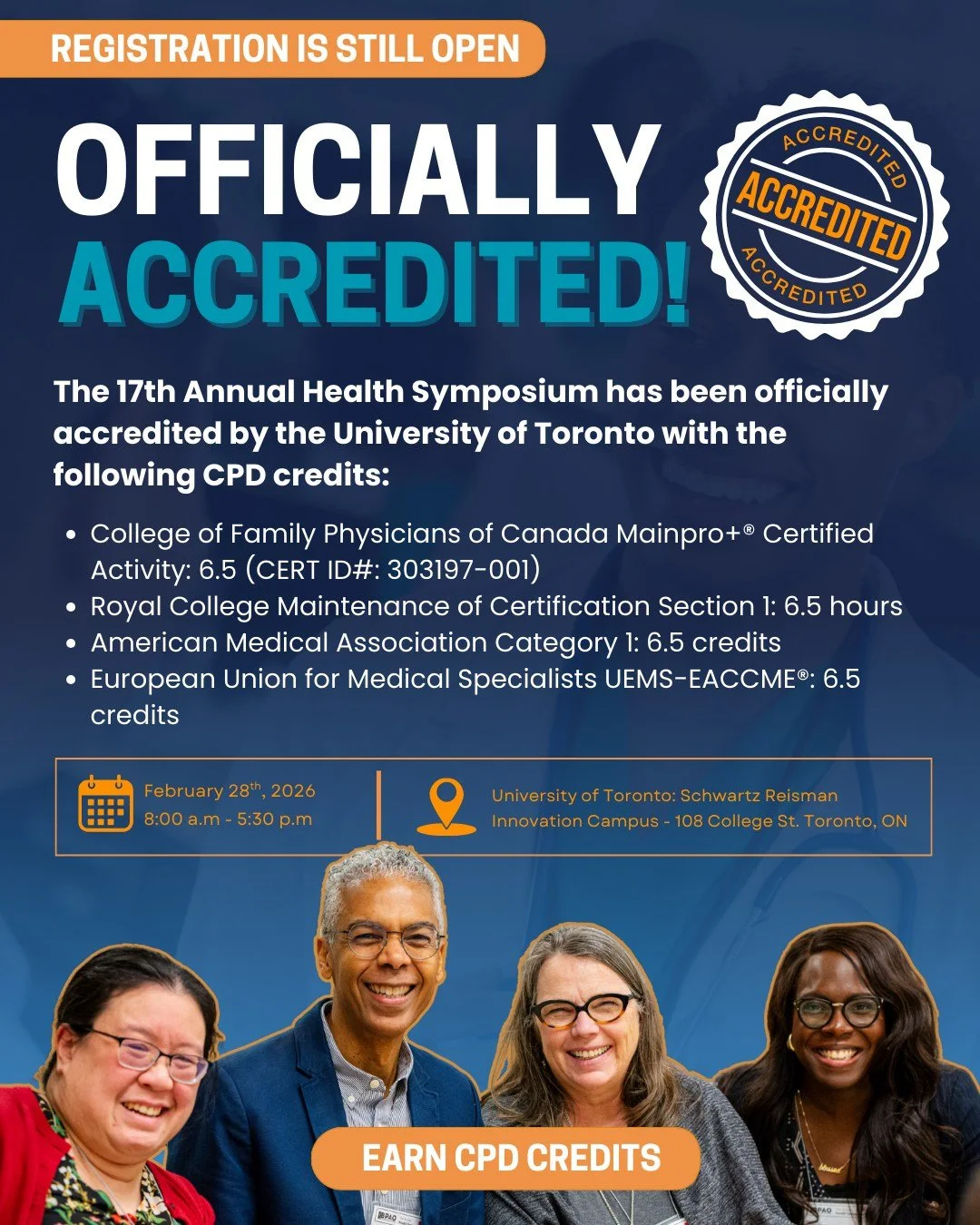 🎓 The BPAO 17th Annual Health Symposium is officially accredited!

Earn 6.5 CPD credits for attending, recognized by:
- College of Family Physicians of Canada (Mainpro+&reg;): 6.5 credits (CERT ID#: 303197-001)
- Royal College Maintenance of Certifi