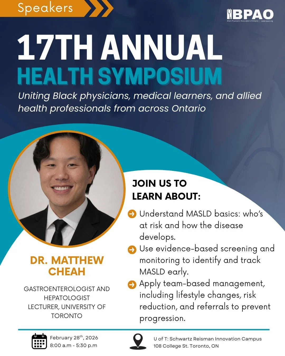 ✨ Speaker Spotlight: Dr. Matthew Cheah
MASLD &amp; Cardiometabolic Risk: Clinical Strategies That Change Outcomes

Dr. Matthew Cheah is a gastroenterologist and hepatologist at Scarborough Health Network and a Lecturer at the University of Toronto. H
