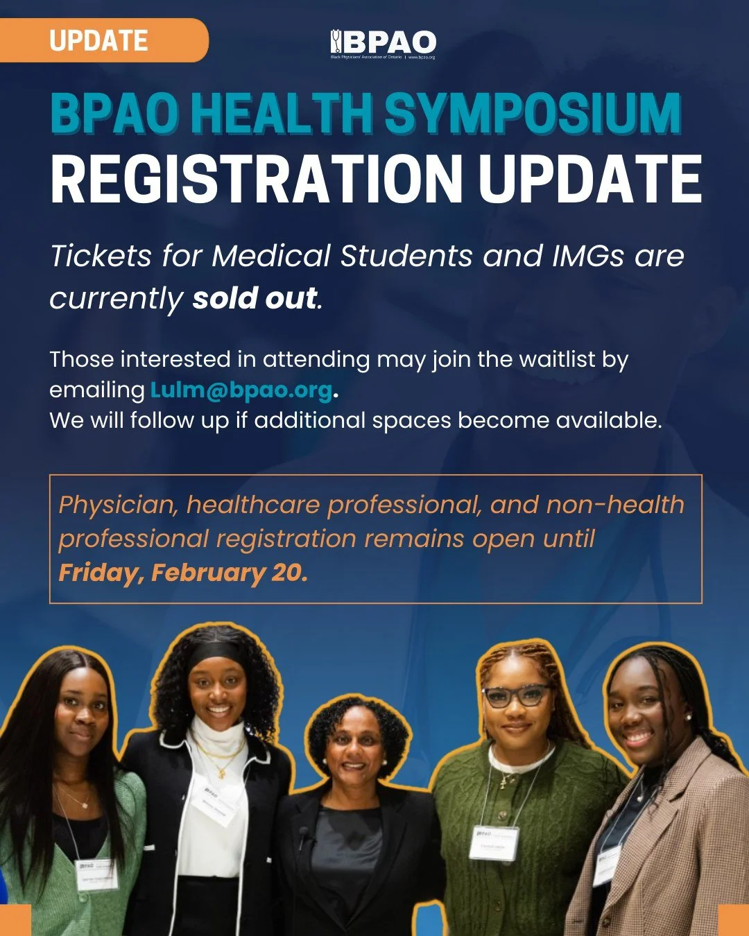 Attention Medical Students &amp; IMGs: Spaces for the BPAO 17th Annual Health Symposium are currently full!

But don&rsquo;t worry, a waitlist is available. Email lulm@bpao.org to secure a spot if more spaces open.

Please note: Physicians, healthcar