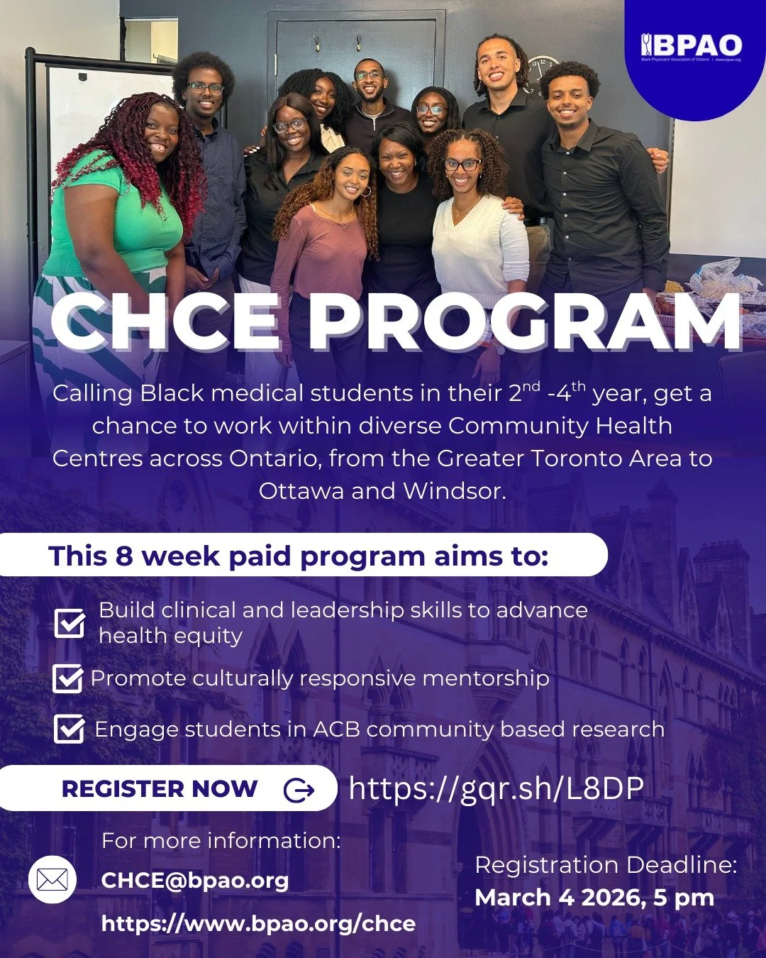 Calling medical students 2nd year and up within Ontario!

The CHCE program is coming back in the summer of 2026! Starting in June, it will be 8 weeks of: 
-Exposure serving a diverse population within a community health center.
-Learning from experie