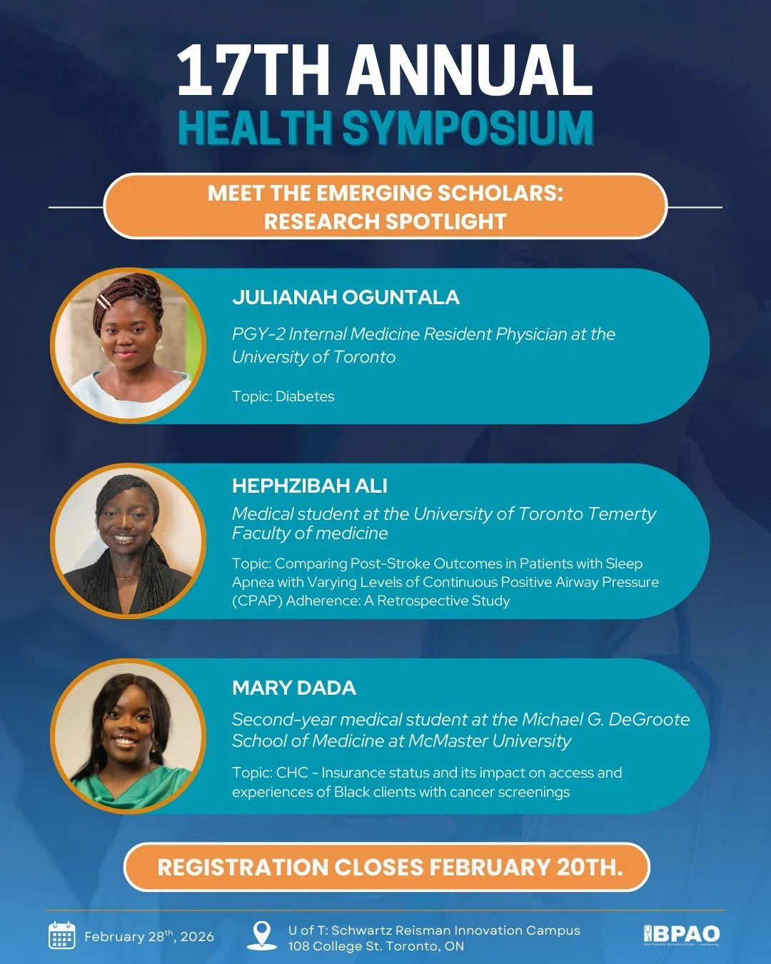 Meet the Emerging Scholars: Research Spotlight 🌟

We&rsquo;re excited to introduce the Emerging Scholars: Research Spotlight at this year&rsquo;s BPAO 17th Annual Health Symposium! This session features the brilliant work of medical students and res