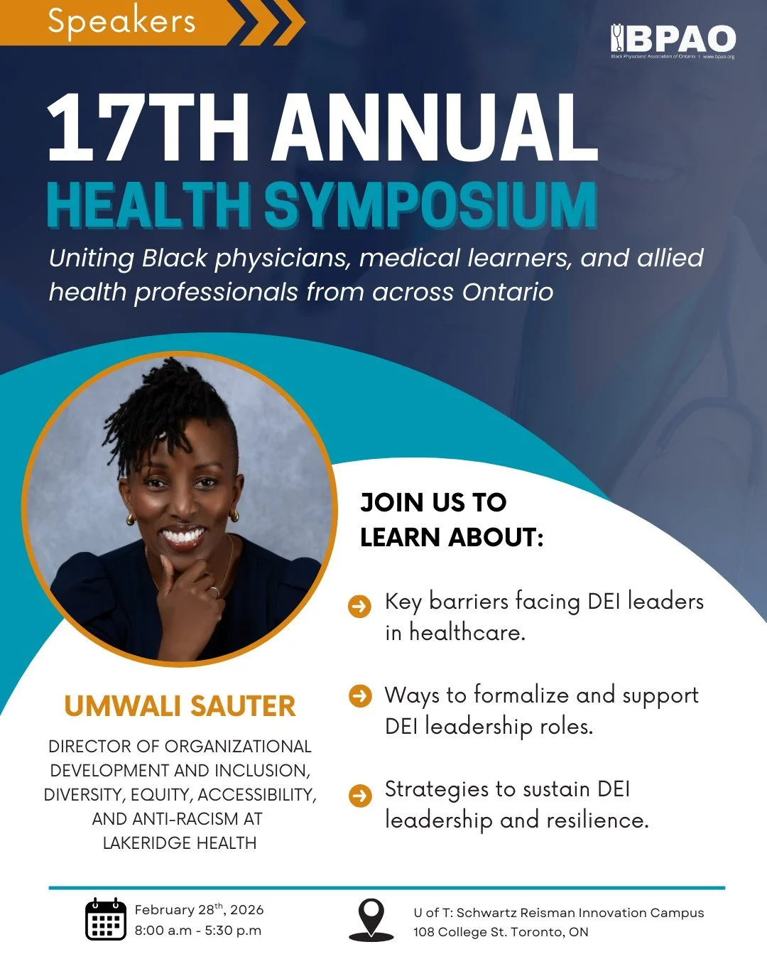 🌟 #SpeakerAnnouncement 📣 17th Annual Health Symposium
Meet Umwali Sauter
Health system leader, DEI innovator, and change agent with 25+ years of experience transforming healthcare systems to center equity, dignity, and community voice.

At the BPAO