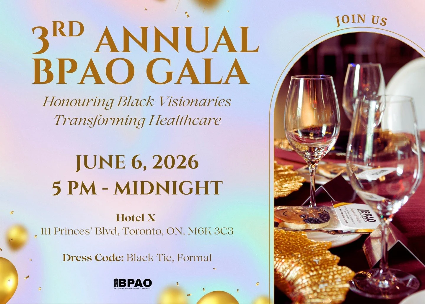 🎟️ Early Bird tickets are now LIVE!
The 3rd Annual BPAO Gala returns this spring, celebrating Black Visionaries transforming healthcare across Ontario and beyond.
Join us for an unforgettable black-tie evening honouring innovators in medicine, entre