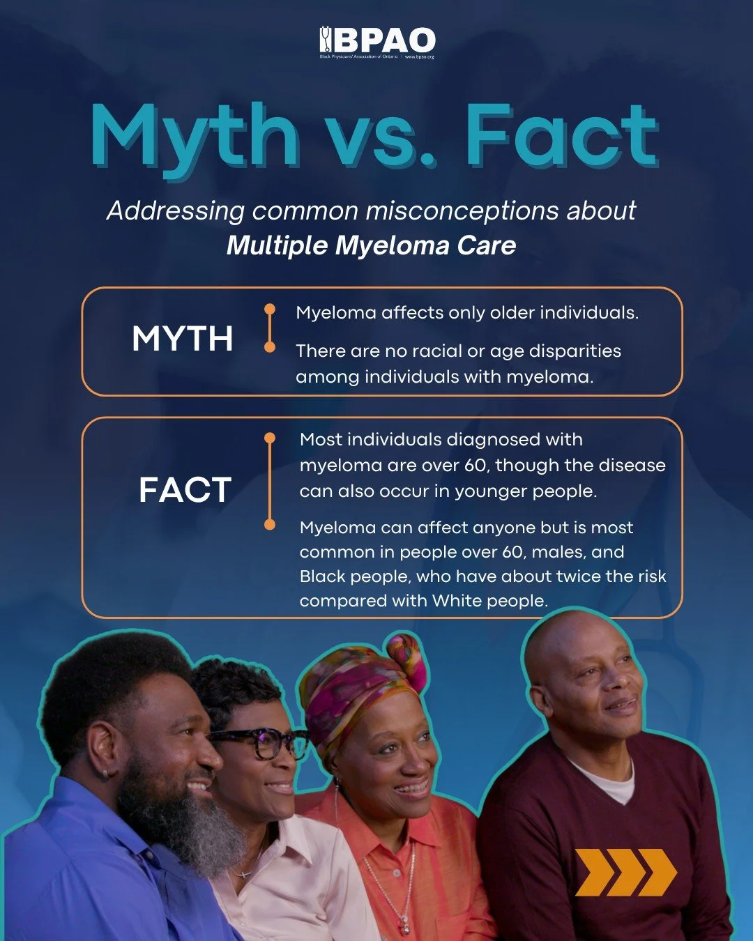 Think myeloma only affects older adults? Or that it impacts everyone equally?
In reality, while it&rsquo;s more common in people over 60, males, and Black individuals, myeloma can occur at any age. 

Join us at the 2026 BPAO Health Symposium to learn