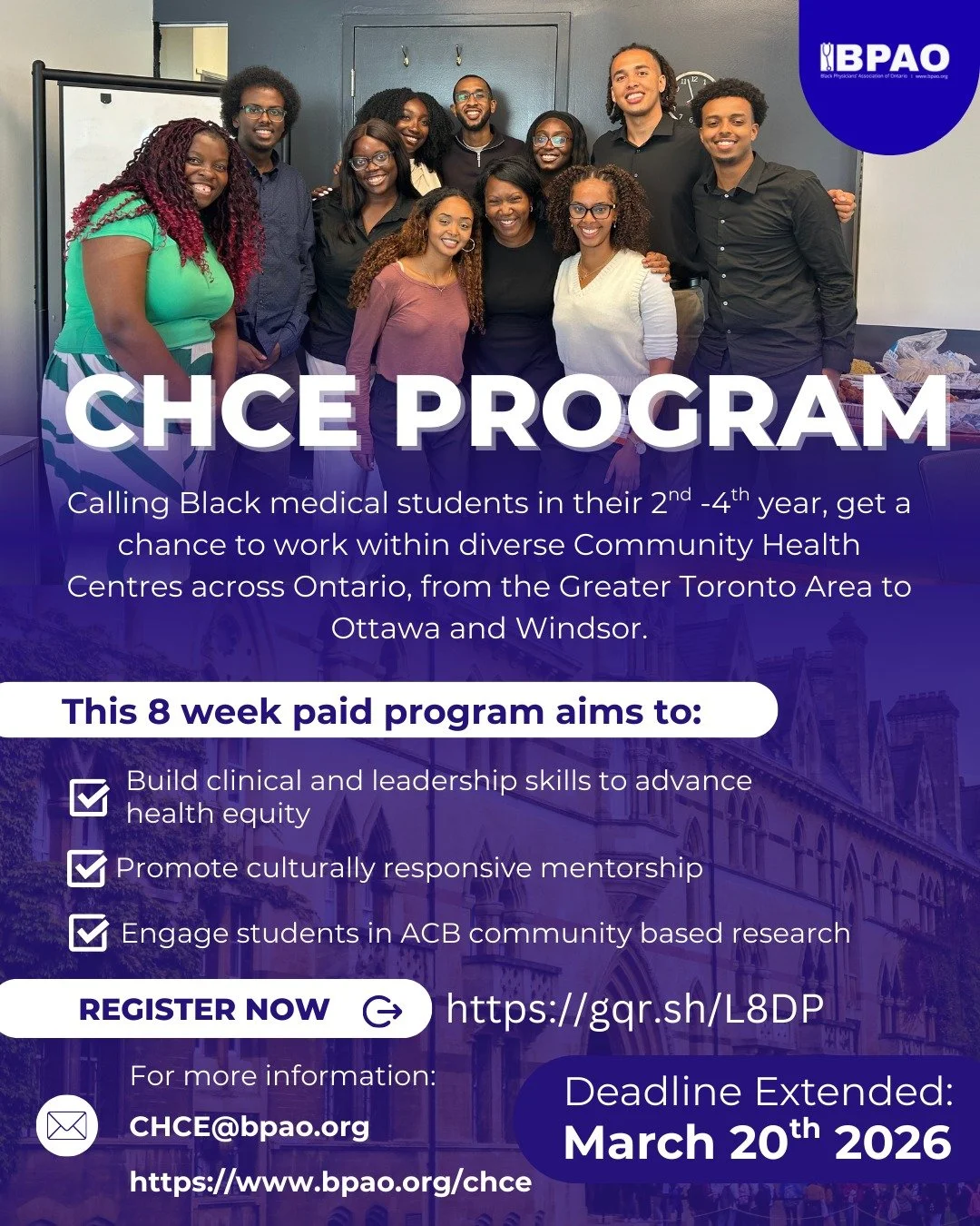 🚨 Deadline Extended! 🚨

There&rsquo;s still time to apply for the CHCE Summer 2026 Program! The new deadline is March 20, 2026.

This 8-week summer program offers hands-on experience in a Community Health Centre, mentorship from healthcare professi