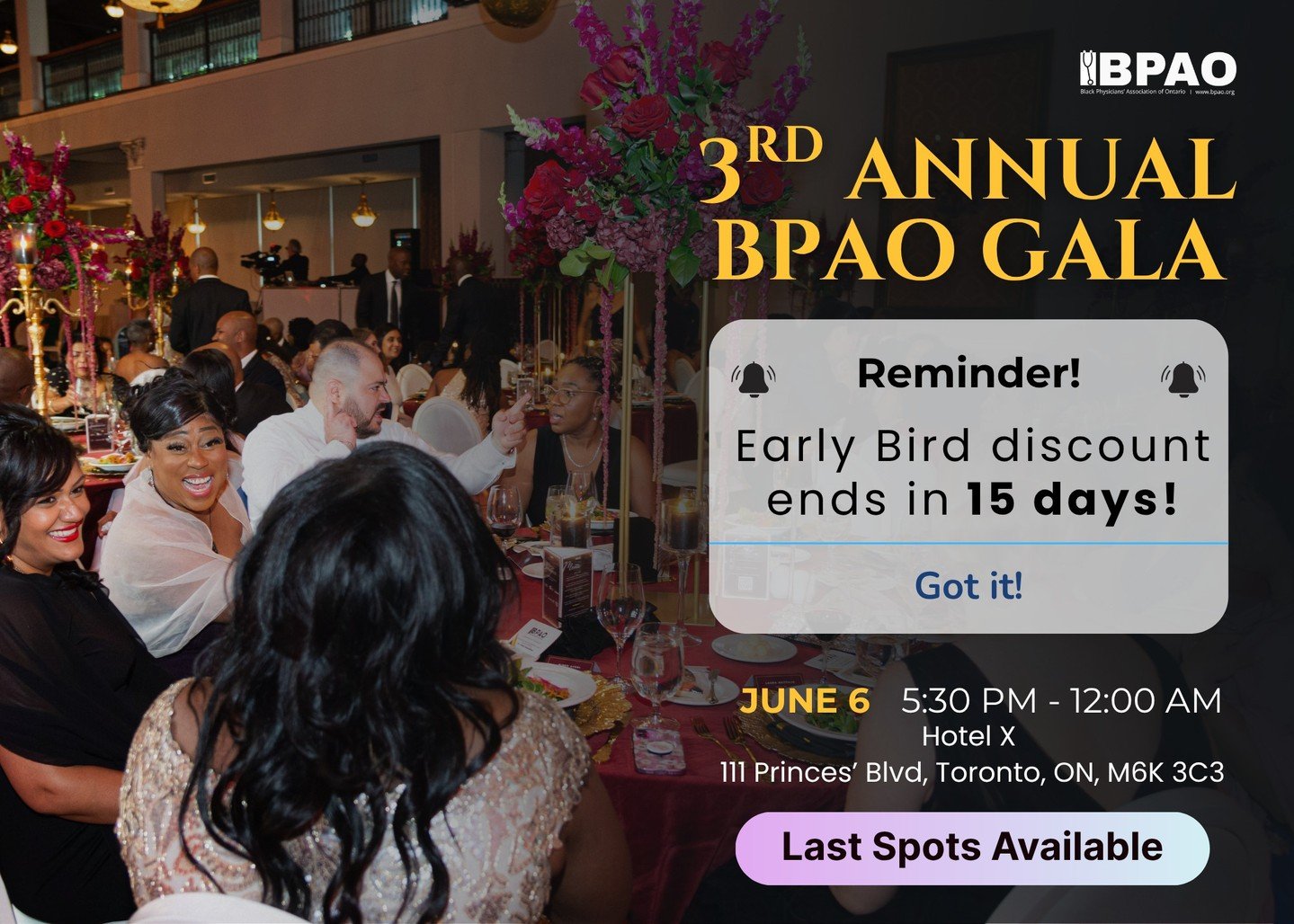 REMINDER: Only 15 days remain to secure Early Bird pricing. 

The 3rd Annual BPAO Gala returns this spring, celebrating Black Visionaries transforming healthcare across Ontario and beyond.
Join us for an unforgettable black-tie evening honouring inno