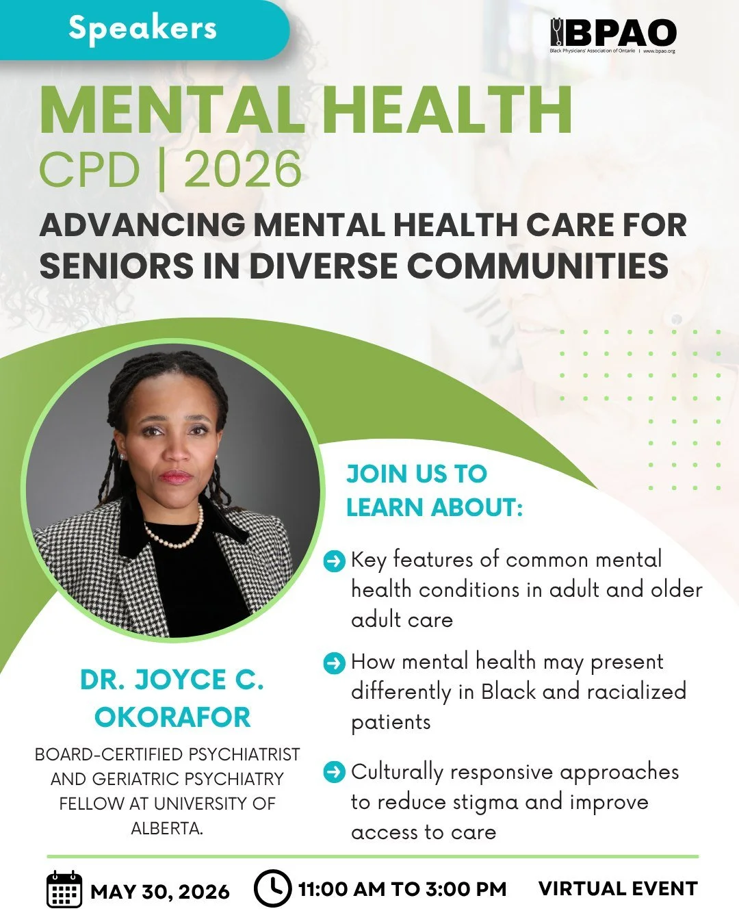 Culturally responsive mental health care is essential, especially when supporting diverse aging populations.

We&rsquo;re proud to have Dr. Joyce C. Okorafor, Psychiatrist and Geriatric Psychiatry Fellow, joining BPAO&rsquo;s Mental Health CPD. Her w