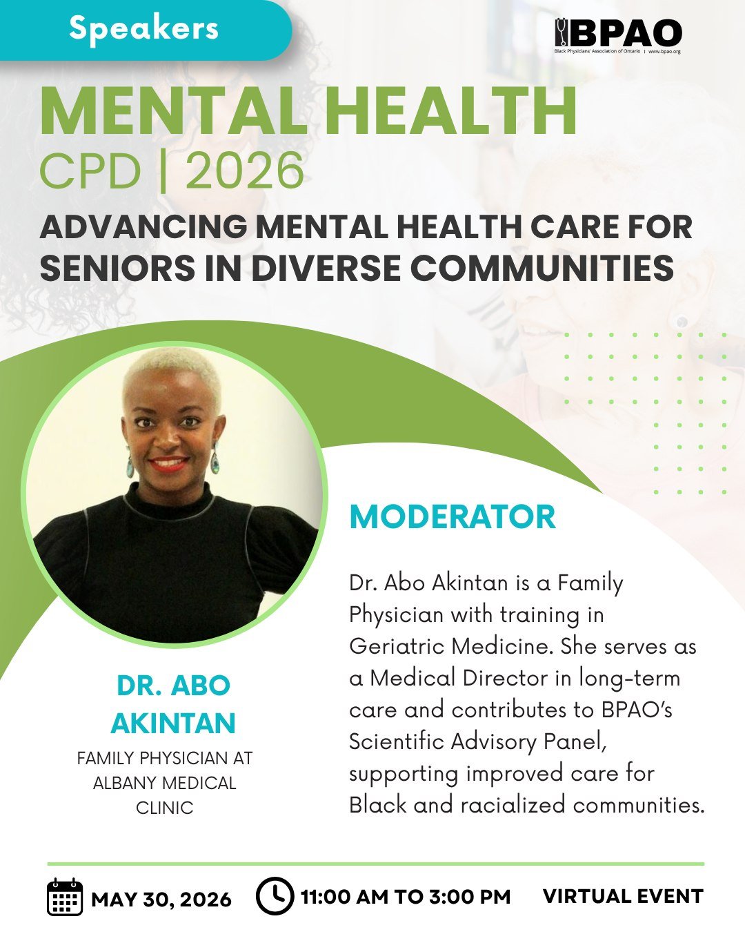 We&rsquo;re pleased to have Dr. Abo Akintan joining BPAO&rsquo;s Mental Health CPD as moderator. 

Her experience in supporting older adults across care settings will help shape a practical, meaningful discussion on mental health in diverse aging pop