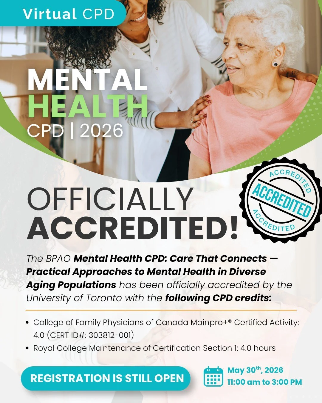 EXCITING NEWS!
The 2026 BPAP Mental Health CPD has officially received University of Toronto accreditation.

Participants will receive:
▪️ 4.0 Mainpro+&reg; Certified Activity Credits (CFPC)
▪️ 4.0 Royal College Section 1 Hours

As conversations arou