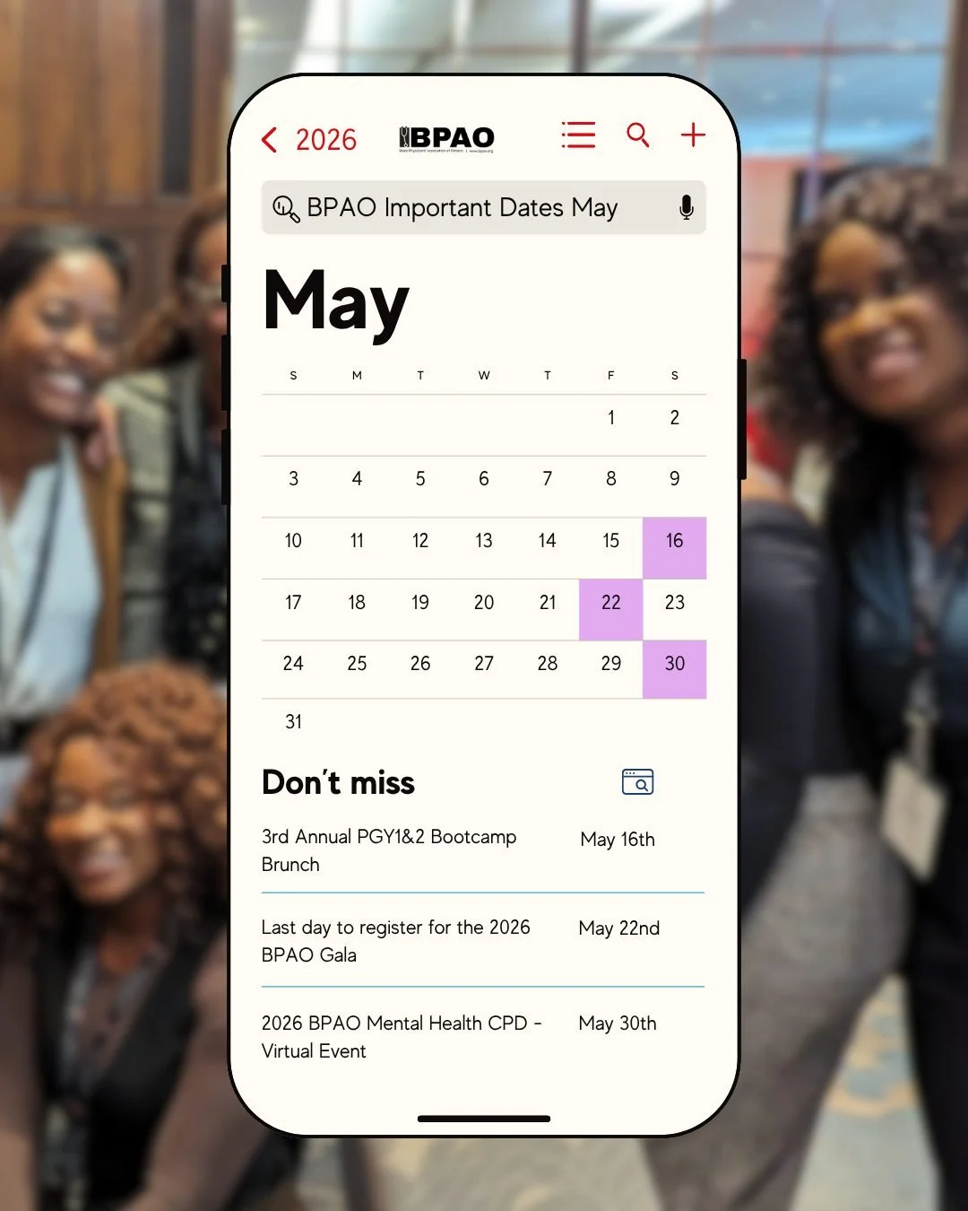 May is looking BUSY 👀📅

Before the month flies by, here are a few BPAO dates you&rsquo;ll want to keep front and centre:
🥐 May 16 &mdash; 3rd Annual PGY1&amp;2 Bootcamp Brunch
⏰ May 22 &mdash; Last day to register for the 2026 BPAO Gala
🧠 May 30 