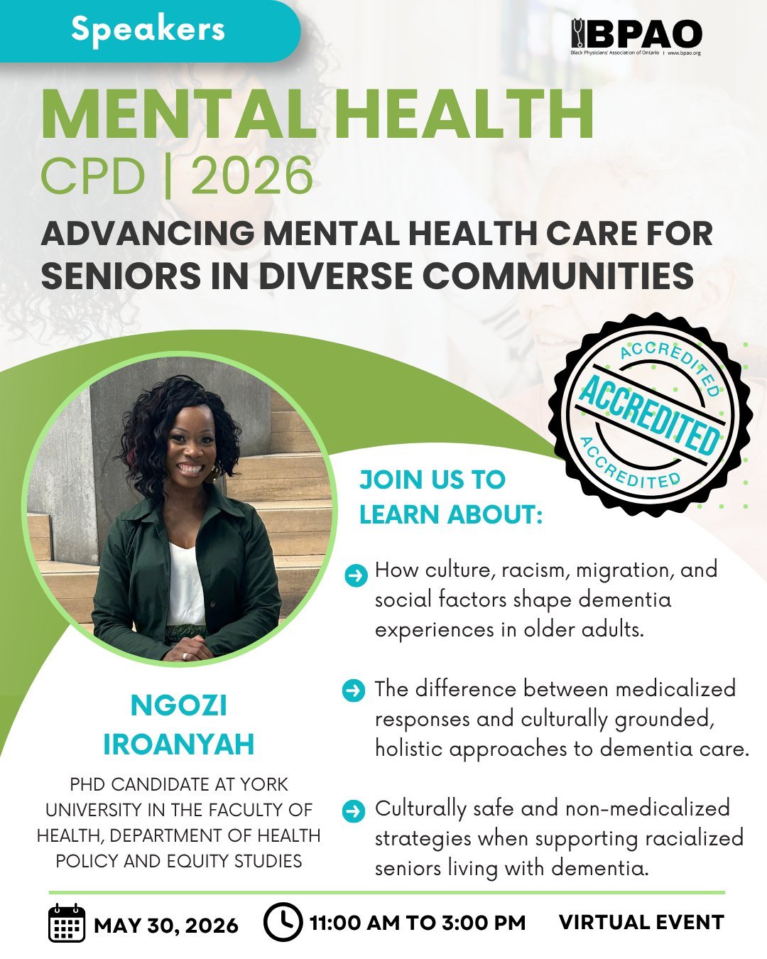 With only 3 days to go until our Accredited Mental Health CPD, we are pleased to welcome Ngozi Iroanyah as one of our featured speakers.

Ngozi is a PhD candidate at York University, dementia advocate, educator, and Director of Health Equity and Acce