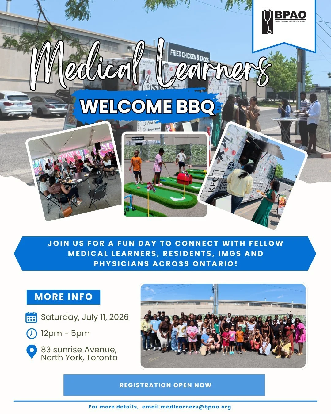 Medical Learners Welcome BBQ!
Open to physicians, medical students, residents, and International Medical Graduates across Ontario.

Join us for this FREE afternoon event as we gather with fellow medical learners and physicians to enjoy good food, fun