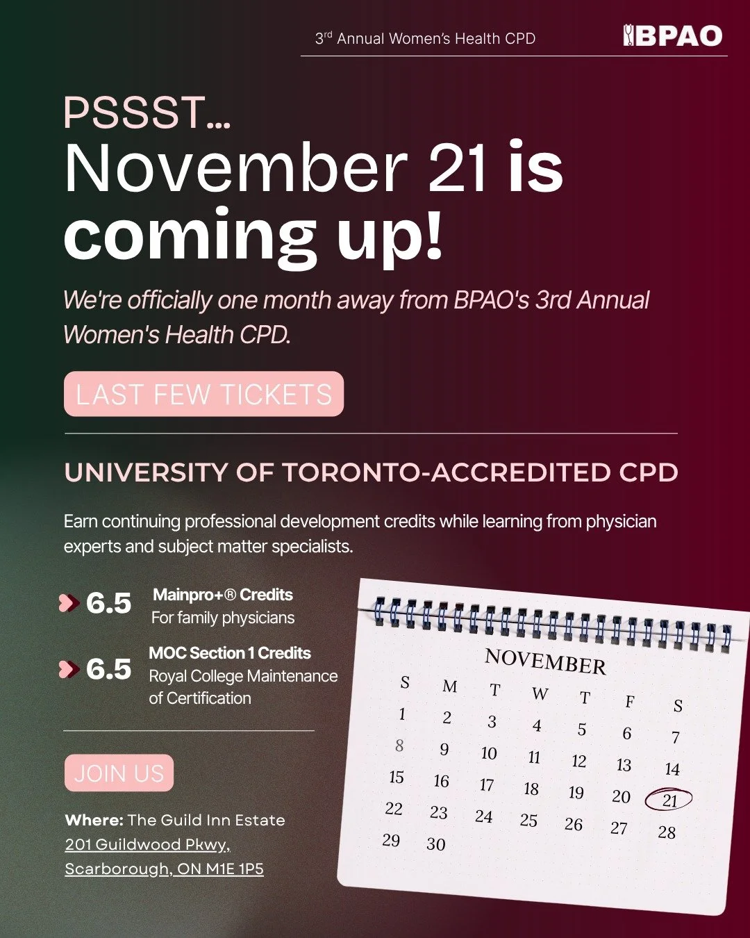 Friendly reminder: We&rsquo;re officially one month away from BPAO&rsquo;s 3rd Annual Women&rsquo;s Health CPD, and tickets are running low!

This year&rsquo;s program covers endometriosis, menopause, breast cancer treatment, cardiovascular health af