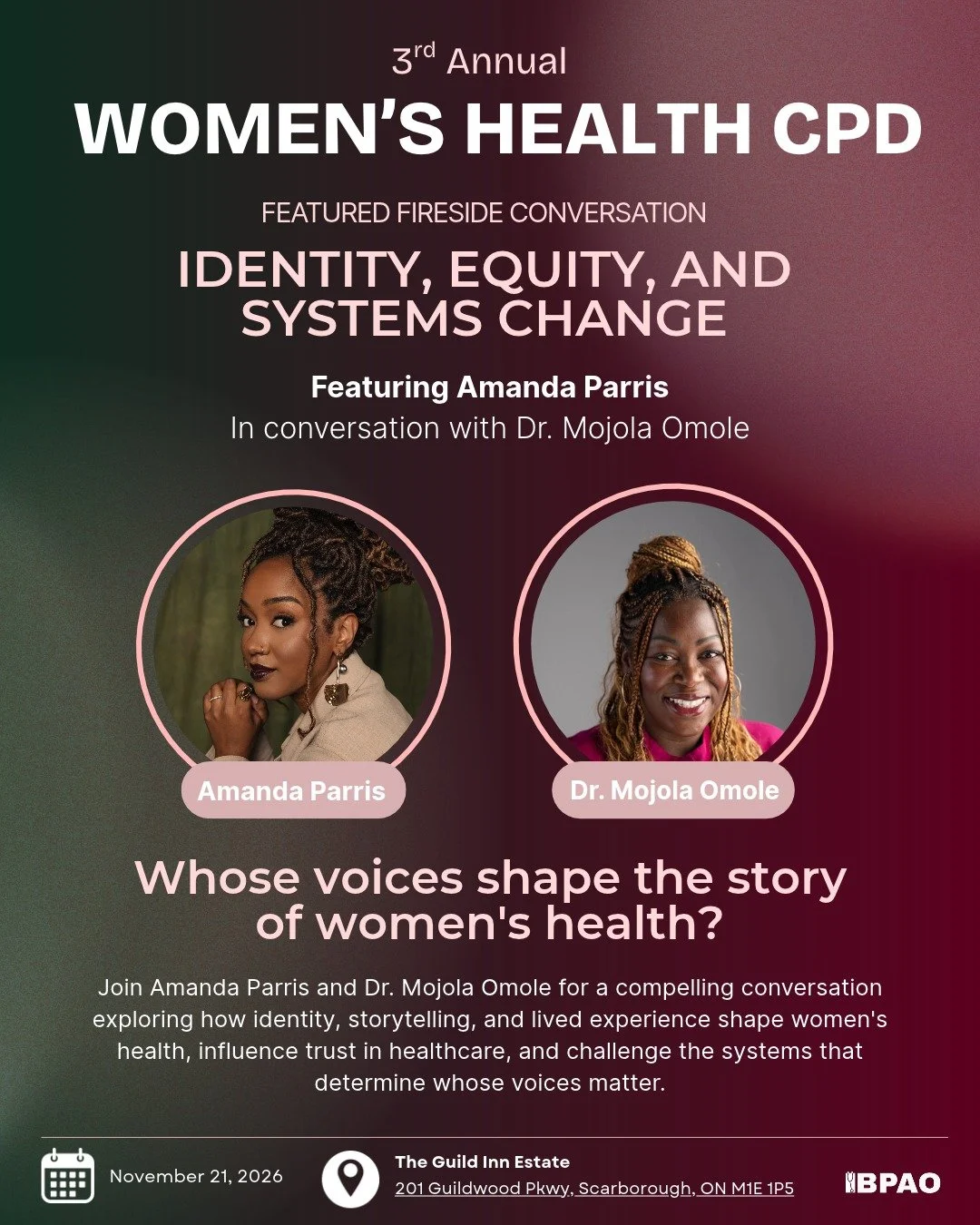 Whose voices shape the story of women&rsquo;s health?

We&rsquo;re pleased to announce Amanda Parris (@amanda_parris) as the keynote speaker for BPAO&rsquo;s 3rd Annual #WomensHealthCPD! She&rsquo;ll join Dr. Mojola Omole for a featured fireside conv