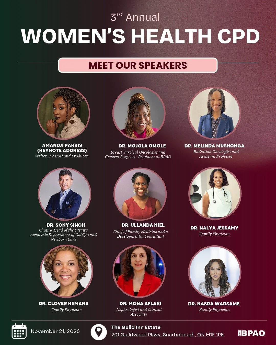 Meet the speakers joining us for BPAO&rsquo;s 3rd Annual Women&rsquo;s Health CPD!

We&rsquo;re bringing together an incredible lineup of physician experts and subject matter specialists to share their knowledge, clinical experience, and perspectives