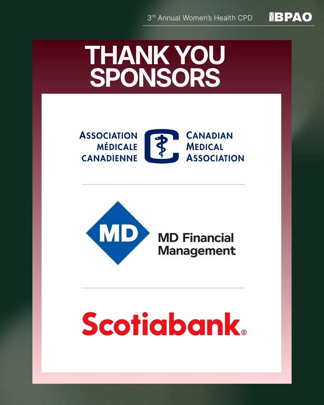 Meaningful progress in women&rsquo;s health takes collaboration and shared commitment.

As we prepare for BPAO&rsquo;s 3rd Annual Women&rsquo;s Health CPD, we&rsquo;re grateful for the support of our sponsors, whose partnerships help create opportuni