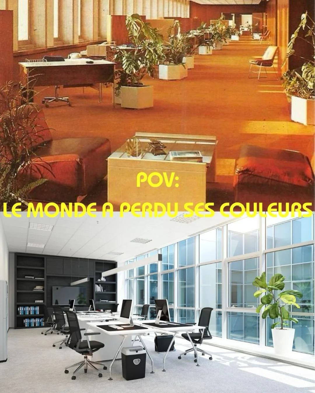 Les couleurs dominantes actuelles dans la soci&eacute;t&eacute; c&rsquo;est pas du joli et elles refl&egrave;tent l&rsquo;&eacute;nergie du moment :
&eacute;puis&eacute;e, sous tension, lourde, standardis&eacute;e, impersonnelle.

Sur ces images, vou