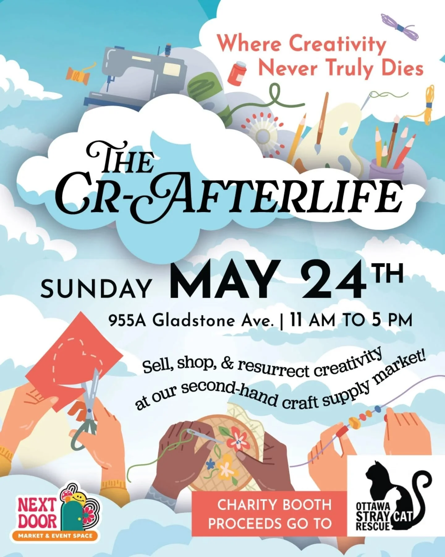 Discover Hidden Treasures at The Cr-AfterLife: De-stash &amp; Second-Hand Craft Supply Market!

Sunday May 24th 2026
11am-5pm 
@nextdoorottawa 
95a Gladstone Ave, in @wellington_west

Calling all crafters, makers, and DIY lovers!
 🧵 Dive into a worl