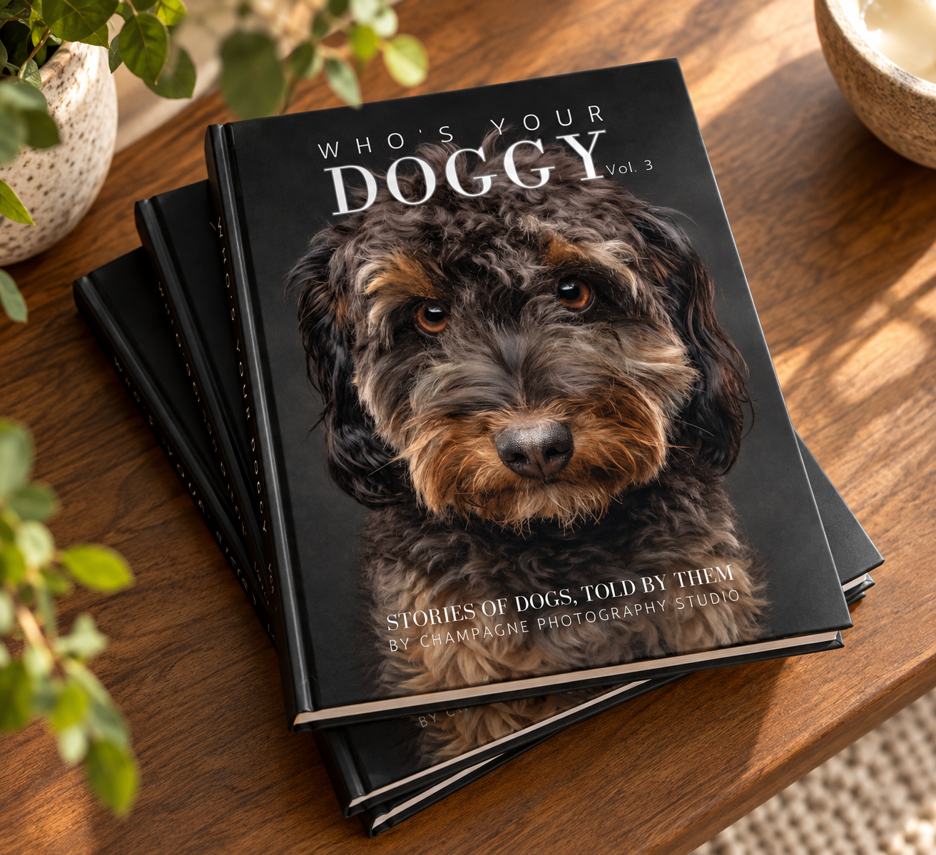 Stack of three books titled "Who's Your Doggy Vol. 3" featuring a photo of a curly-haired dog with a black and brown coat on the cover, placed on a wooden surface with potted plants nearby.