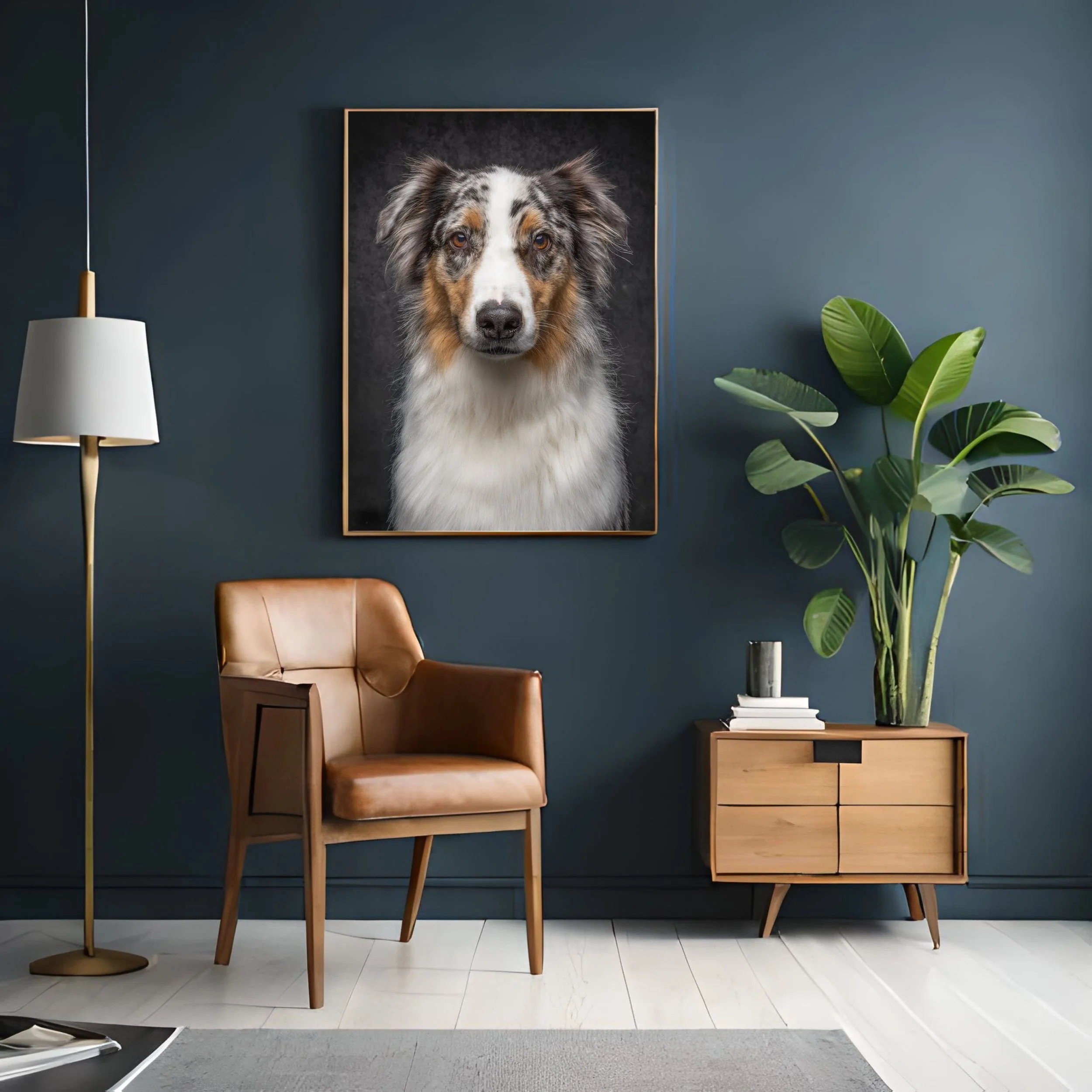 Interior of a modern room with a leather armchair, a tall floor lamp, a wooden side cabinet, and a large framed photo of an Australian Shepherd dog on the dark teal wall, with a large green houseplant beside the cabinet.