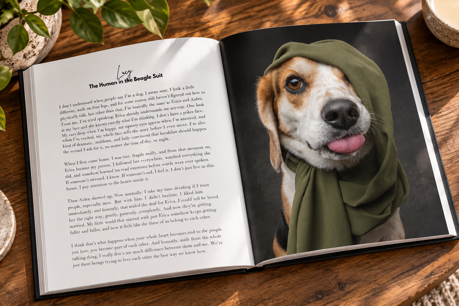 Open magazine featuring a story titled 'The Human in the Beagle Suit' with a photo of a beagle dog wearing a green scarf and hat, sitting on a wooden table surrounded by potted plants and bowls.