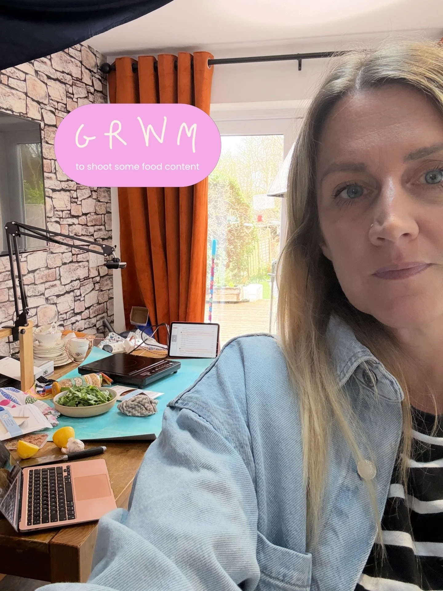 GRWM (rushed Mum morning style) to shoot some food content for my client. 

- Green skin corrector 
- Super quick tidy up 
- Coffee 
- Tesco click and collect
- Set the mini studio space up 
- Find the light 

Let&rsquo;s go!