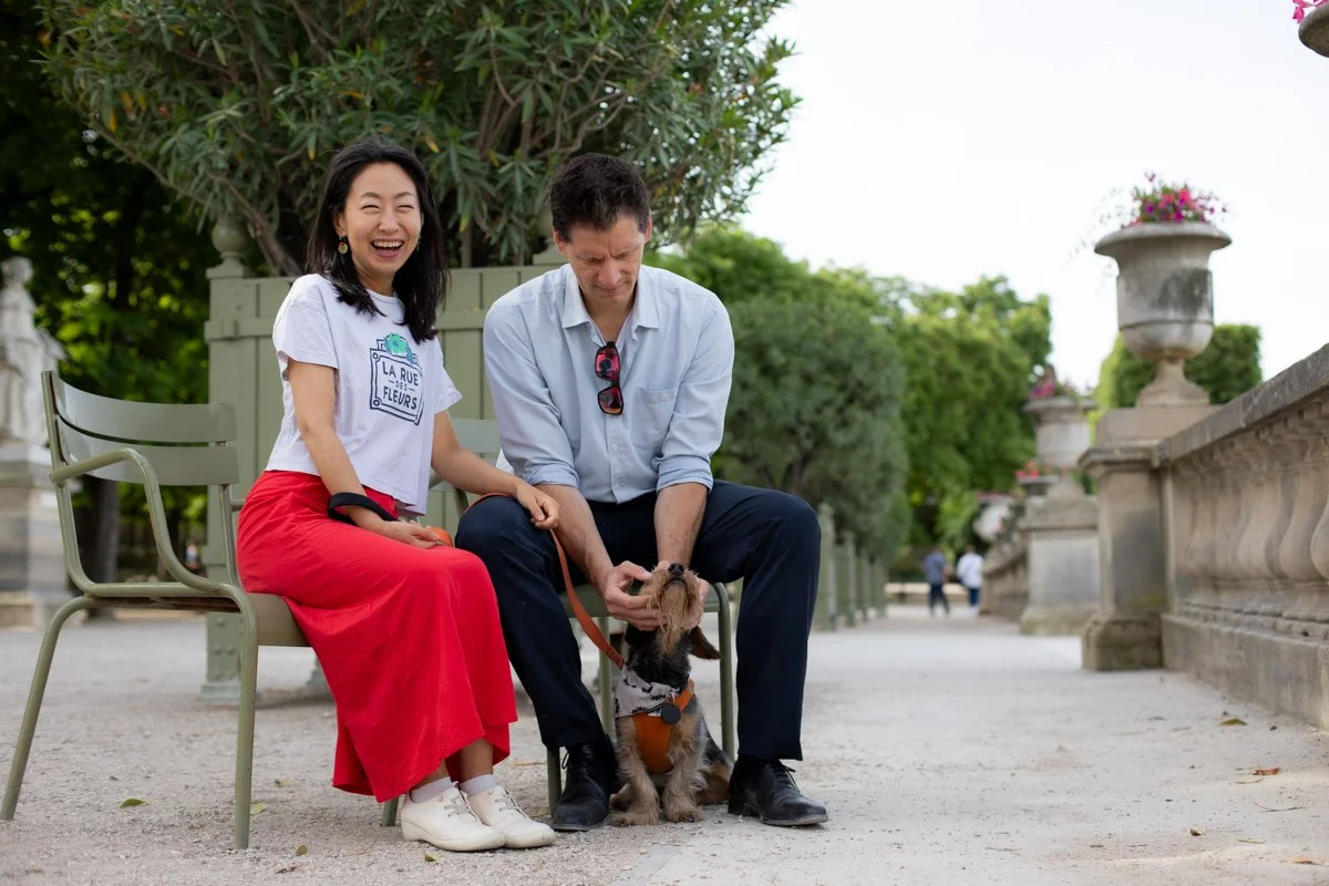 Couple and pup in Luxembourg garden 2