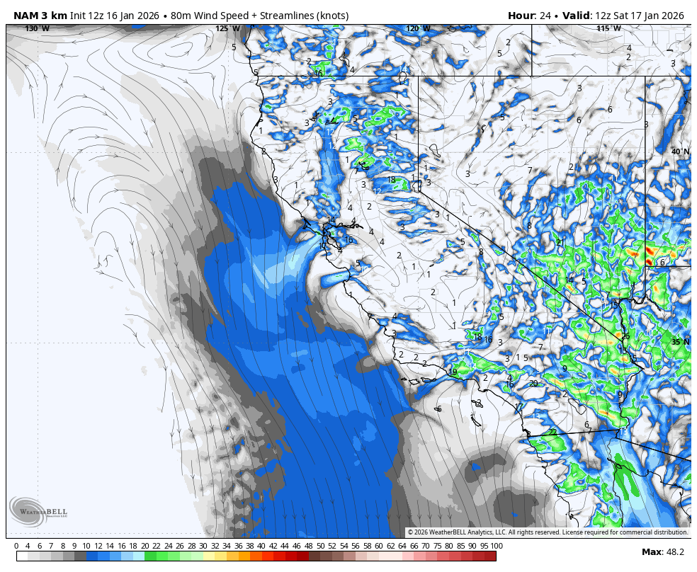 Weather map showing wind speed and streamlines over the Pacific Ocean off the west coast of the United States, with areas of rain and storms depicted in green and blue, and cloud cover in shades of gray.
