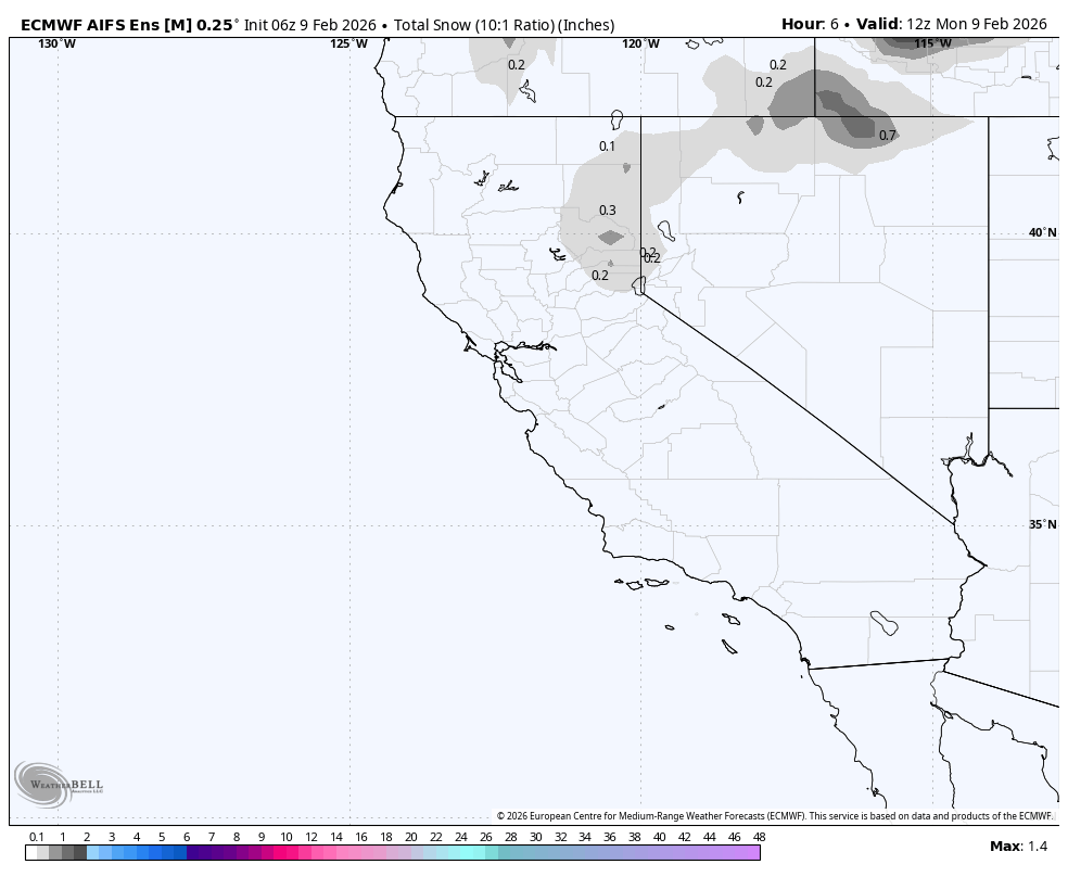 Map showing total snowfall forecast in inches across California on February 9, 2026, with areas of light snow in the north and central parts of the state.