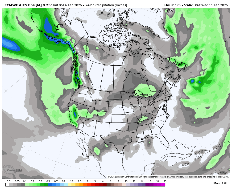 Map of the United States showing 24-hour precipitation forecast in inches for February 11, 2026, with areas of rain in green and blue, and some regions with no precipitation, outlined by state borders.