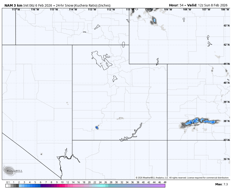 Map showing snow accumulation in inches across parts of Minnesota and surrounding states, with localized areas of higher snow on February 8, 2026.