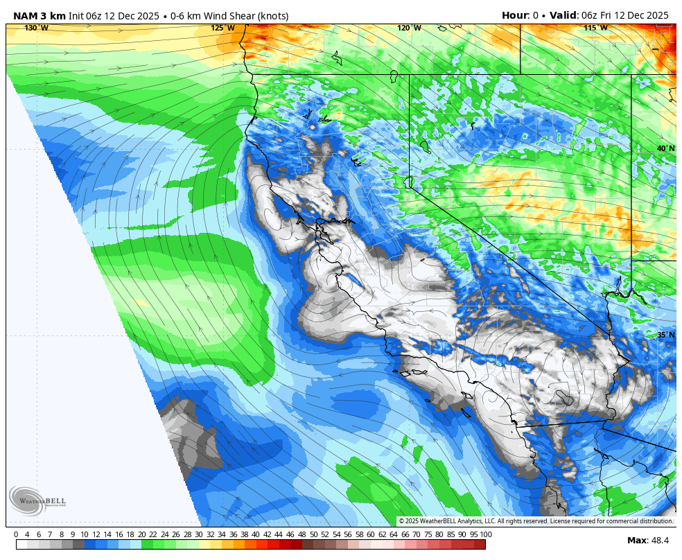 Weather map showing wind shear in knots across the Pacific Northwest and parts of California, Oregon, and Idaho, with color-coded regions indicating varying wind speeds and directions for December 12, 2025.