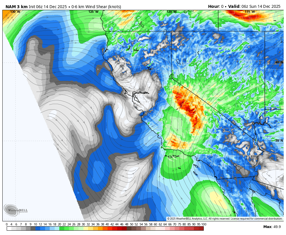 Weather map displaying wind shear in knots at a 3 km altitude, valid for December 14, 2025, showing areas of high wind shear in red and orange, moderate in yellow, and lower in green, with blue and gray indicating different wind patterns over the region.